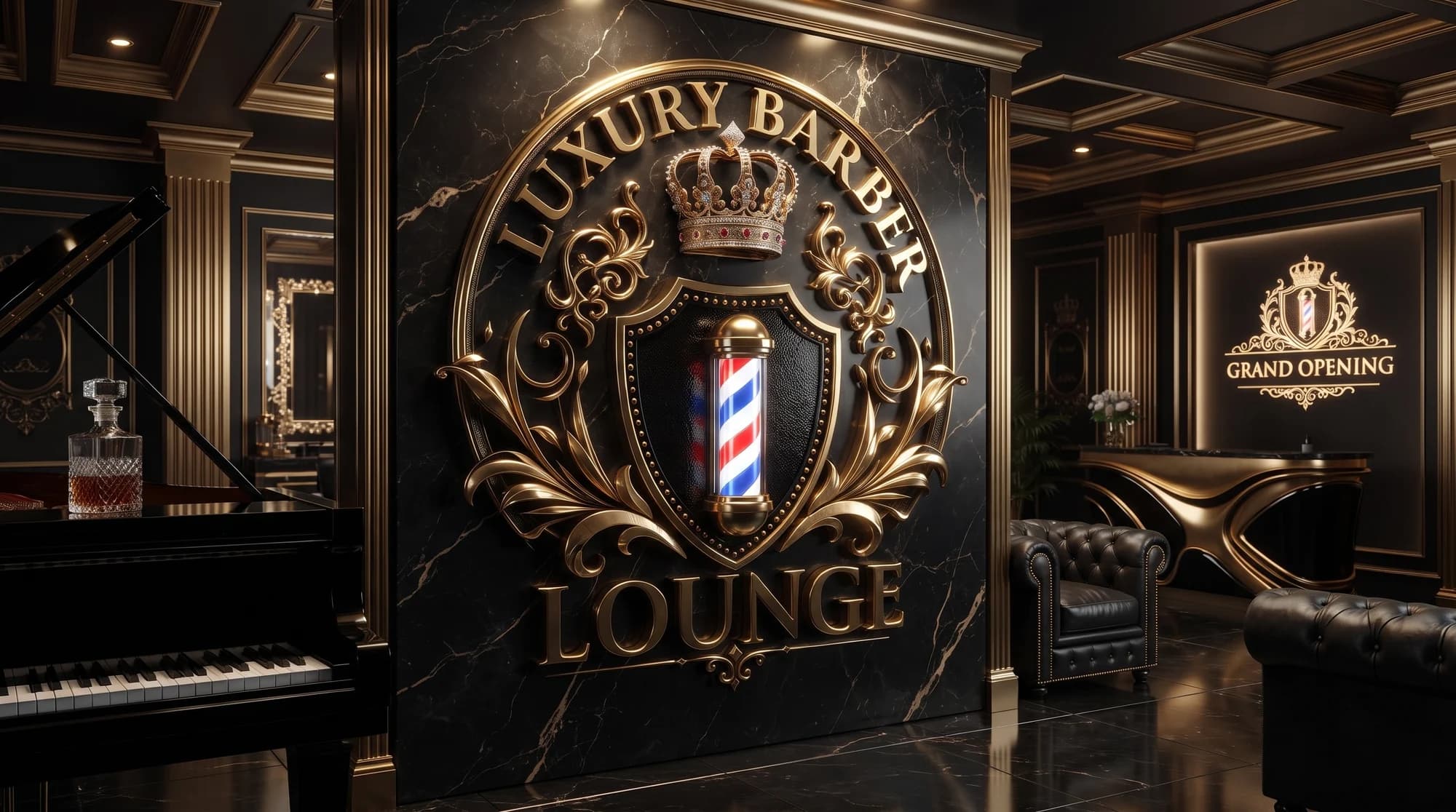 Luxury barber lounge with black walls and gold details