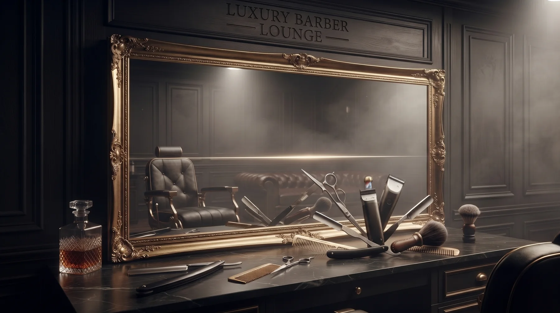Gold-framed barber mirror and grooming station