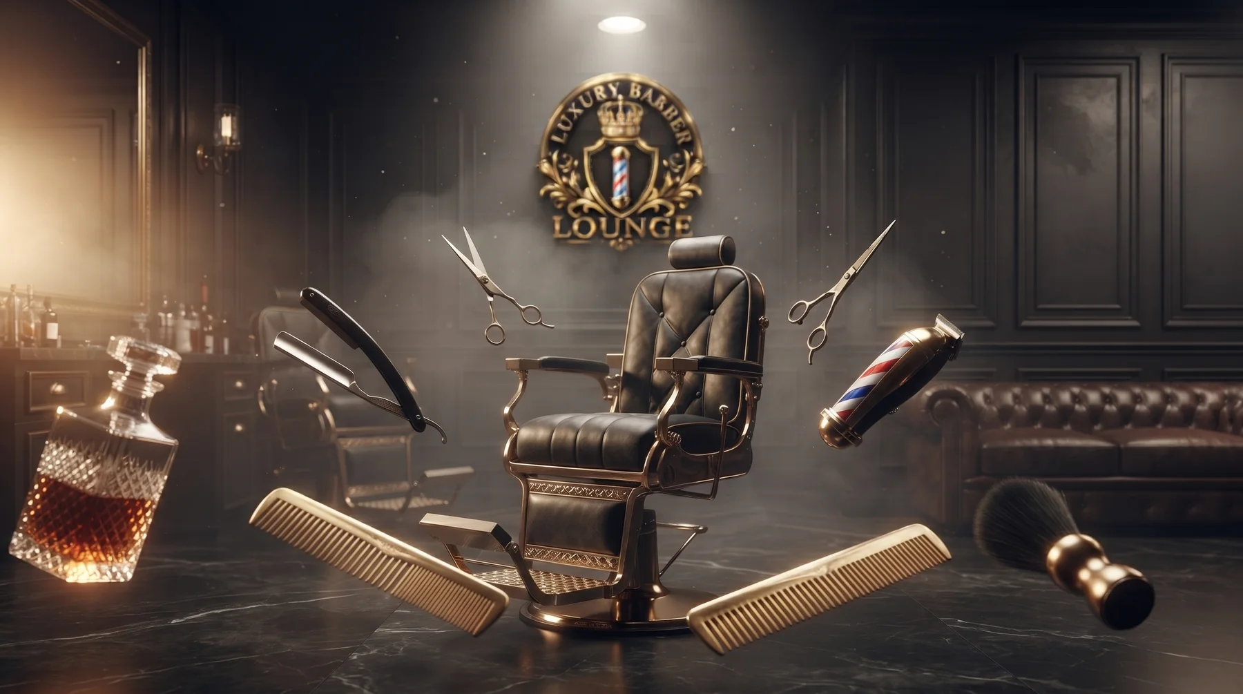 Cinematic barber lounge scene with chair and tools